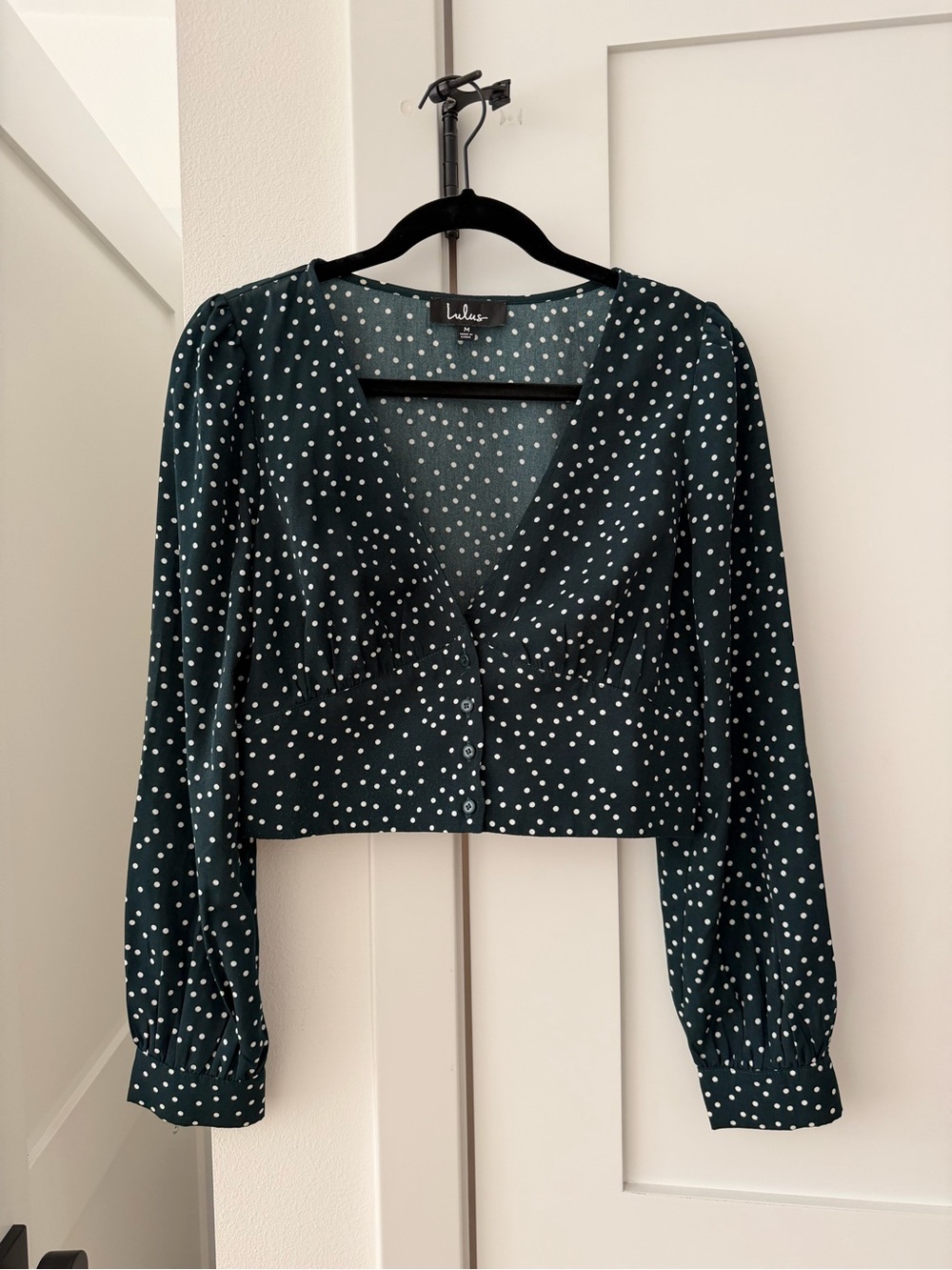 Lulu's Dark Green Polka Dot V-Neck Button Crop Blouse